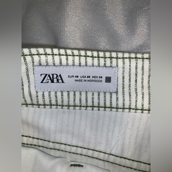 Zara cream and green Pin Striped Wide-Leg high rise 100% cotton jeans Pants 8 - Picture 7 of 10